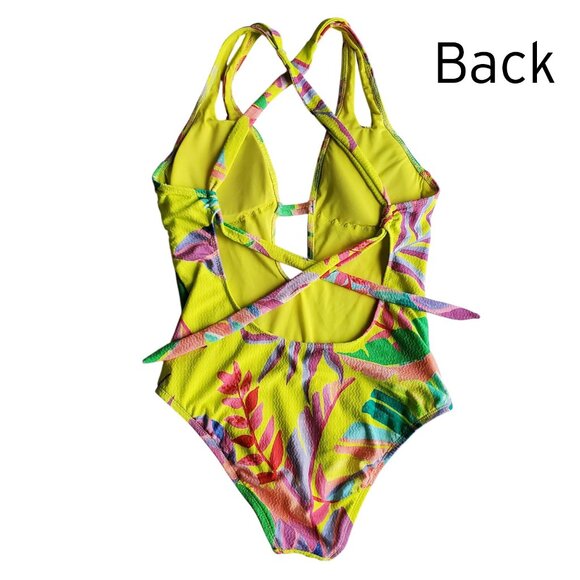 Becca Rebecca Virtue Costa Bella Yellow Tropical Print Plunge One Piece Swimsuit - Picture 7 of 16